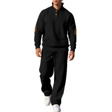 (Black, L) Lässiges Herren-Herbstset: Lange Hose mit Stehkragen und Jacquard-Rippstrickpullover