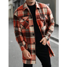 (Orange Red, L) Giacca/camicia trench casual da uomo lunga con bottoni e doppie tasche