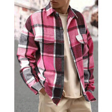 (Rose Red, S) Camicia da uomo vintage a quadri spazzolati, giacca casual elegante a maniche lunghe con colletto risvoltato.