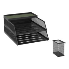 Bureau-Organizer, Opbergrek met Hangende Pennenhouder en met Leer Bekleed Metalen Frame. Zwart + Groene Leren Mat