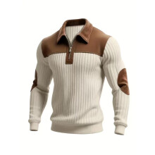 (Khaki, L) Strickshirt mit Umlegekragen, aufgesetzter Stickerei, lässiges Sweatshirt mit Reißverschluss für Pendler und Sportler, Herbst/Winter