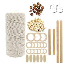 Macrame Cord Cotton Rope Set with Wooden Ring, Beads for DIY Wall Hanging Plant Hangers, Boho Crafts,,Home Decor