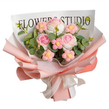 Buquê de Flores Rosas Tricotadas À Mão, Buquê de Flores de Aniversário Pronto, Flores de Tricô para Presente de Dia Dos Namorados, D