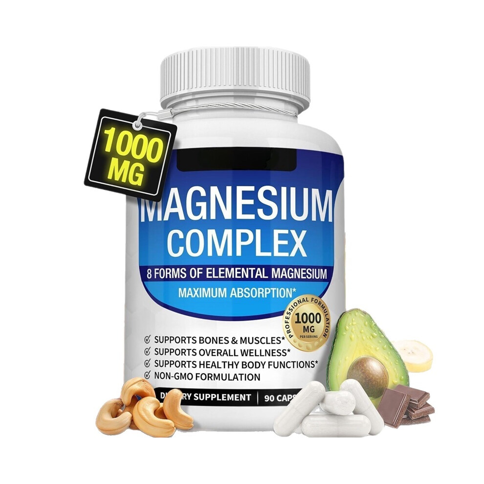 Magnesium Complex Supplement 8 Elemental 1000mg,Magnesium,Glycinate,Citrate,Malate,Taurate,Muscle,Recovery,Energy,Vegan Non-GMO 90 Capsules