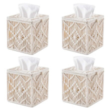 4X Caja de Pañuelos de Papel, Decoración Bohemia, Soporte Cuadrado para Pañuelos Papel con Hebilla Cuentas, Servilletero Macramé, Organizador de