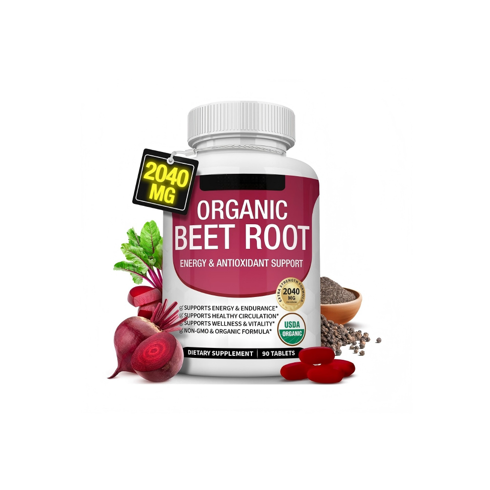 Organic Beet Root Powder Tablets - 2040mg Natural Nitric Oxide Beets to Support, Energy, Black Pepper Better Absorption, Non-GMO