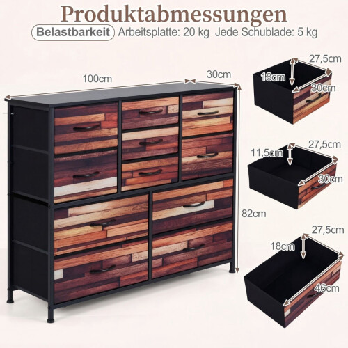 Kommode mit 11 Stoffschubladen, Metallgestell und Holzplatte 1
