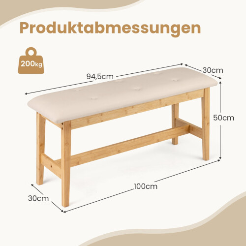 Bambusbank mit Kunstlederkissen, 100 cm, Beige 1