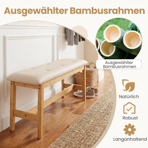 Bambusbank mit Kunstlederkissen, 100 cm, Beige 2