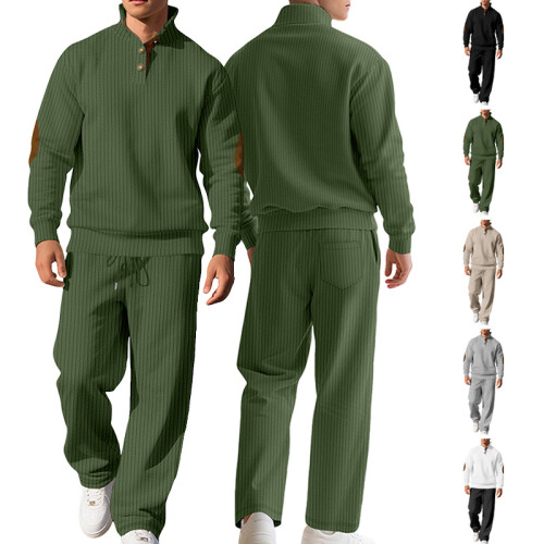 (Black, XL) Lässiges Herren-Herbstset: Lange Hose mit Stehkragen und Jacquard-Rippstrickpullover 1
