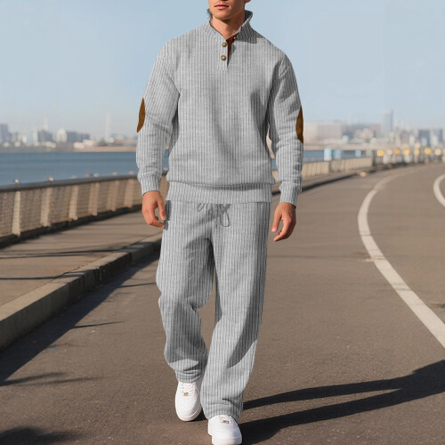 (Black, XL) Lässiges Herren-Herbstset: Lange Hose mit Stehkragen und Jacquard-Rippstrickpullover 2