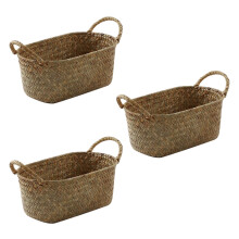 3X Cestello Portaoggetti Intrecciato Fatto A Mano Contenitore per Alimenti in Paglia Organizzatore per Trucco Portapane in Rattan (S, 24X15X9cm)