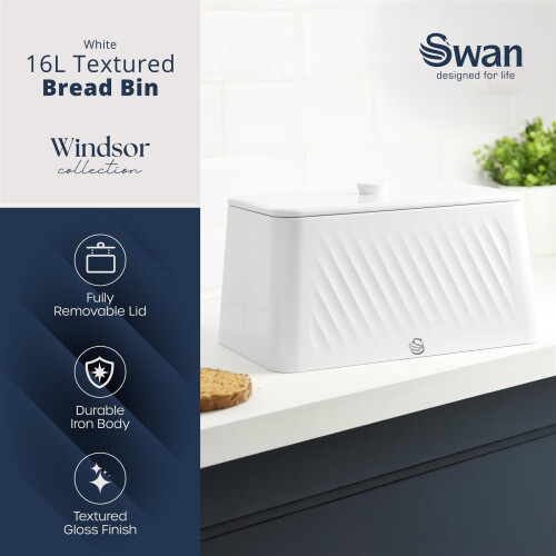 Swan Swan Windsor 16L Bread Bin, White, SWKA18539WHT 1