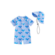 (18-24 Months, Blue) Kids Boys Rash Guard, Long Sleeve Stripes Dolphin Print Summer Swimsuit Swimwear with Sun Cap