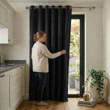 (Black - 260 Gsm, 66" x 84") Blackout Eyelet Curtains Thermal Ready Made Ring Top