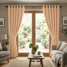 (Beige - 260 Gsm, 66" x 90") Blackout Eyelet Curtains Thermal Ready Made Ring Top