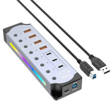 Powered USB Hub 10Gbps, USB 3.2 7-Port USB-C & USB-A Hub with Individual /Off Switches and 12V Power Adapter UK Plug