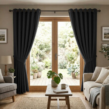 (Black - 260 Gsm, 66" x 90") Blackout Eyelet Curtains Thermal Ready Made Ring Top