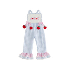 (6-7 Years, Blue) Little Girl Back To School Jumpsuit with Bows Apple Letter Embroidered Plaid Sleeveless Bell Bottoms Romper Casual Overalls