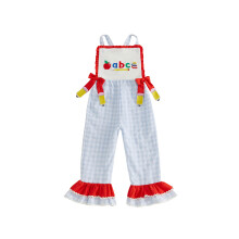 (2-3 Years, Red) Little Girl Back To School Jumpsuit with Bows Apple Letter Embroidered Plaid Sleeveless Bell Bottoms Romper Casual Overalls
