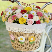 Kids Bike Basket, Handwoven with Leather Straps, Lined, Decorative Flowers, Removable, Fits Most Bicycles
