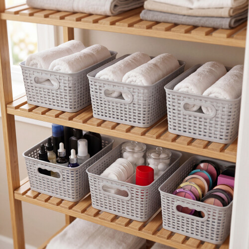 GEEZY GEEZY Plastic Storage Baskets Set of 6 Stackable Bathroom Kitchen Cupboard Organisers 1