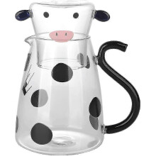 Glass Water Jug with Tumbler 500ml V-shaped Spout Heat Resistant Cute Clear Cow Glass Pitcher Portable Bedside All In One Carafe