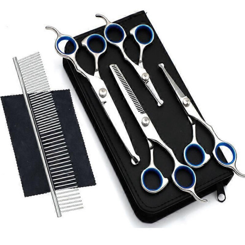 (Blue) Dog Grooming Scissors Kit Professional Safety Thinning Shears