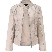 (Khaki, L) Women Leather Biker Jacket Coat