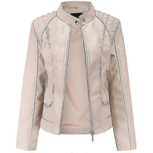 (Khaki, L) Women Leather Biker Jacket Coat