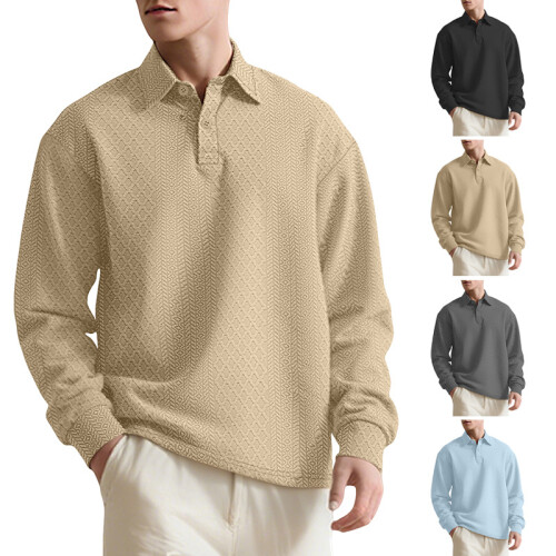 (Light Blue, L) Men's Textured Jacquard Solid Button-Up Long Sleeve Loose Sweatshirt 1
