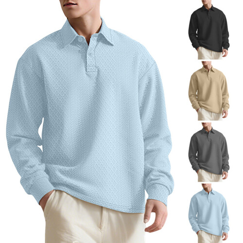 (Light Blue, L) Men's Textured Jacquard Solid Button-Up Long Sleeve Loose Sweatshirt 2