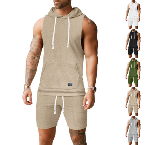 (White, M) Ensfarget jacquard-hettevest og shortssett for menn 1