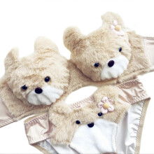 (M, Coffee color) Cartoon Anime Lingerie For Women Cartoon Bear Students Underwear Set Soft Plush Bras With Panty Set Winter Bikini Set White Xl