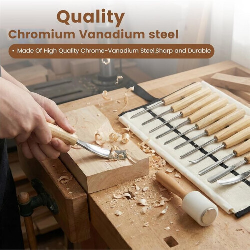 Wood Carving Kit,12 PCS Wood Carving and Mallet with Canvas Case Gouges, CR-V 60 Blade,Wood Carving Tools Set 2