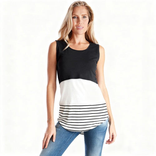 Stylish Striped Maternity Nursing Vest Comfortable-Black S