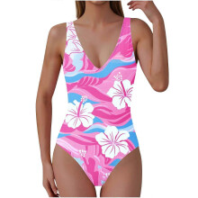 Women Tummy Control One Piece Swimsuit Floral Printed Deep V Neck Bathing Suit Full Coverage Slimming Swimwear