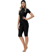 (M, Black) Muslim Friendly Swimwear Set - 3pcs Modest Shorts & Top with Hijab