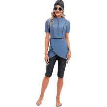 (4XL, Dusty Blue) Muslim Friendly Swimwear Set - 3pcs Modest Shorts & Top with Hijab