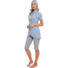 (S, Light Blue) Muslim Friendly Swimwear Set - 3pcs Modest Shorts & Top with Hijab
