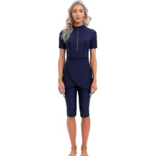 (S, Navy) Muslim Friendly Swimwear Set - 3pcs Modest Shorts & Top with Hijab