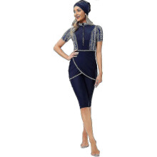 (L, Blue) Muslim Friendly Swimwear Set - 3pcs Modest Shorts & Top with Hijab