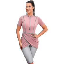 (M, Dusty Pink) Muslim Friendly Swimwear Set - 3pcs Modest Shorts & Top with Hijab
