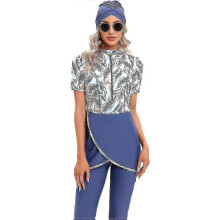 (M, Blue Flower) Muslim Friendly Swimwear Set - 3pcs Modest Shorts & Top with Hijab