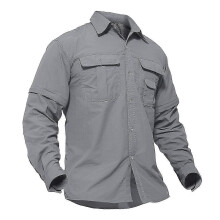(grey, XXXL) Summer Quick Dry Long Sleeve Cargo Work Shirts With Pockets Mens Safari Hiking Shirts Button Down Shirts Clothes Males