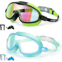 (Light Blue BlackGreen) Optimized Kids Swim Goggles 2 Pack: Wide View, Anti-Fog & UV Protection for Kids Ages 3-14