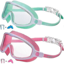 (Light Green  Pink) Optimized Kids Swim Goggles 2 Pack: Wide View, Anti-Fog & UV Protection for Kids Ages 3-14