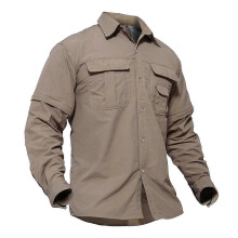 (Khaki, L) Summer Quick Dry Long Sleeve Cargo Work Shirts With Pockets Mens Safari Hiking Shirts Button Down Shirts Clothes Males