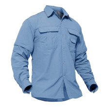 (blue, L) Summer Quick Dry Long Sleeve Cargo Work Shirts With Pockets Mens Safari Hiking Shirts Button Down Shirts Clothes Males