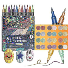 (24 Colors) Glitter Effect Brush Markers For Doodle Writing, Dual Tip Dual Color Shimmer Marker 96 Colors